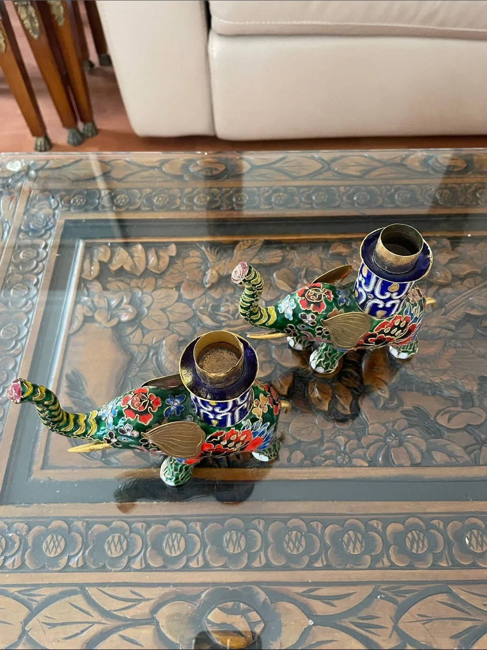 Vintage Pair of Chinese Cloisonne Elephant Candle Stick Holders